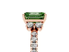 Fancy Green Emerald Cut Diamond Three-Stone Pavé Ring Set in Rose gold with Prong Setting