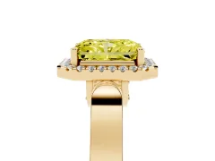 Fancy Yellow Radiant Cut Diamond Halo Ring Set in Yellow gold with Pavé-Lined Split Shank Band