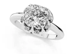 Cushion Cut Diamond Round Cluster Halo Ring Set in Platinum with Solitaire Band and Prong Setting