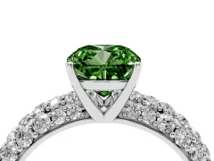 Fancy Green Cushion Cut Diamond Pavé Band Solitaire Ring Set in White gold with Close-Set Accent Stones and Prong Setting