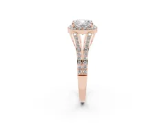 Cushion Cut Diamond Halo Split Shank Pavé Ring Set in Rose gold with Prong Setting