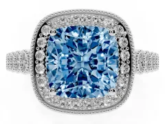 Fancy Blue Cushion Cut Diamond Milgrain Halo Solitaire Ring Set in Silver with Bezel Set Side Stones and Pavé Band