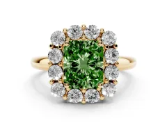 Fancy Green Radiant Cut Diamond Halo Cluster Engagement Ring Set in Yellow gold with Polished Band and Prong Setting