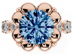 Fancy Blue Round Cut Diamond Floral Halo Ring Set in Rose gold with Shared Prong Band