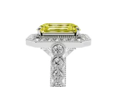 Fancy Yellow Emerald Cut Diamond Milgrain Halo Solitaire Ring Set in White gold with Bezel Set Side Stones and Pavé Band