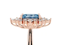 Fancy Blue Emerald Cut Diamond Cluster Halo Ring Set in Rose gold with Marquise and Round Accents