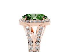 Fancy Green Oval Cut Diamond Halo Split Shank Pavé Ring Set in Rose gold with Prong Setting