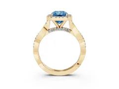 Fancy Blue Radiant Cut Diamond Halo Twist Band Solitaire Ring Set in Yellow gold with Prong Setting