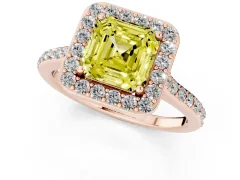 Fancy Yellow Asscher Cut Diamond Halo Engagement Ring Set in Rose gold with Round Pavé Shoulders and Heart Gallery