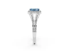 Fancy Blue Emerald Cut Diamond Halo Split Shank Pavé Ring Set in Silver with Prong Setting