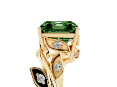 Fancy Green Asscher Cut Diamond Solitaire Twist Engagement Ring Set in Yellow gold with Pavé Leaf Accents