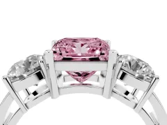 Fancy Pink Princess Cut Diamond Three-Stone Ring Set in White gold with Round Side Stones and Classic Band