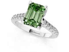 Fancy Green Emerald Cut Diamond Solitaire Ring Set in White gold with Brilliant Pavé Band and Prong Setting