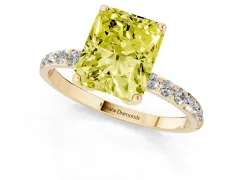 Fancy Yellow Radiant Cut Diamond Solitaire Engagement Ring Set in Yellow gold with Round Pavé Band and Prong Setting