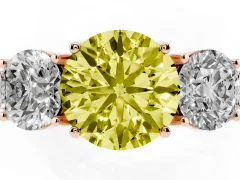 Fancy Yellow Round Cut Diamond Three-Stone Engagement Ring Set in Rose gold with Milgrain Pavé Band