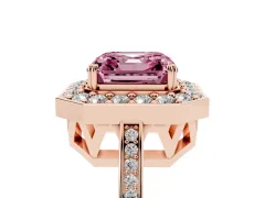 Fancy Pink Asscher Cut Diamond Halo Ring Set in Rose gold with Accent-Lined Split Shank and Prong Setting