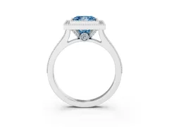 Fancy Blue Princess Cut Diamond Halo Milgrain Pavé Band Ring Set in Silver with Prong Setting