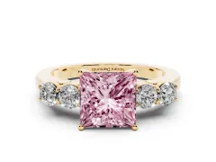 Fancy Pink Princess Cut Diamond Five-Stone Prong Set Band Ring Set in Yellow gold with Polished Band