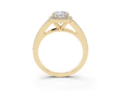 Cushion Cut Diamond Halo Split Shank Pavé Ring Set in Yellow gold with Prong Setting