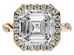 Asscher Cut Diamond Halo Twist Band Solitaire Ring Set in Yellow gold with Prong Setting