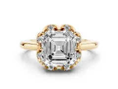 Asscher Cut Diamond Round Cluster Halo Ring Set in Yellow gold with Solitaire Band and Prong Setting