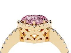 Fancy Pink Heart Cut Diamond Halo Ring Set in Yellow gold with Pavé Shoulders and Halo-Framed Center