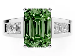 Fancy Green Emerald Cut Diamond Solitaire Ring Set in Platinum with Channel-Set Accent Stones and Prong Setting