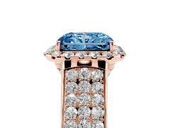 Fancy Blue Radiant Cut Diamond Halo Ring Set in Rose gold with Pavé Band and Raised Center Setting