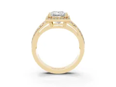 Princess Cut Diamond Halo Ring Set in Yellow gold with Double Pavé Split Shank