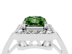 Fancy Green Radiant Cut Diamond Halo Ring Set in Platinum with Accent-Lined Split Shank and Prong Setting
