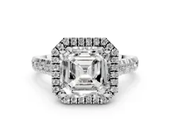 Asscher Cut Diamond Halo Engagement Ring Set in White gold with Pavé Band and Prong-Set Center