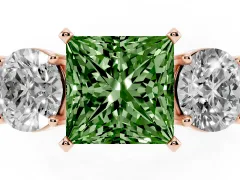 Fancy Green Princess Cut Diamond Three-Stone Ring Set in Rose gold with Round Side Stones and Classic Band
