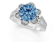 Fancy Blue Round Cut Diamond Floral Halo Split Shank Engagement Ring Set in Silver with Pavé Shank