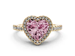 Fancy Pink Heart Cut Diamond Halo Ring Set in Yellow gold with Pavé Shoulders and Halo-Framed Center