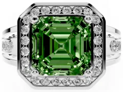 Fancy Green Asscher Cut Diamond Halo Ring Set in Silver with Pavé and Bezel Accent Split Shank