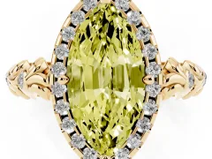 Fancy Yellow Marquise Cut Diamond Halo Ring Set in Yellow gold with Filigree Leaf Band and Prong Setting