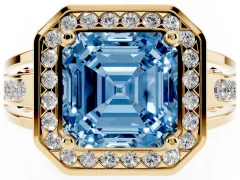 Fancy Blue Asscher Cut Diamond Halo Ring Set in Yellow gold with Pavé and Bezel Accent Split Shank
