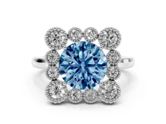 Fancy Blue Round Cut Diamond Cluster Halo Ring Set in White gold with Milgrain Bezel Accents and Plain Band