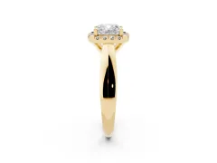 Cushion Cut Diamond Halo Solitaire Engagement Ring Set in Yellow gold with Square Band and Prong Setting