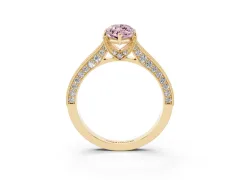 Fancy Pink Marquise Cut Diamond Solitaire Ring Set in Yellow gold with Milgrain-Edged Pavé Band and Prong Setting