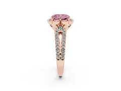 Fancy Pink Radiant Cut Diamond Floral Halo Split Shank Engagement Ring Set in Rose gold with Pavé Shank