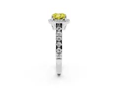 Fancy Yellow Cushion Cut Diamond Halo Engagement Ring Set in White gold with Pavé Band and Prong-Set Center