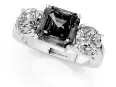 Fancy Black Asscher Cut Diamond Three-Stone Ring Set in Platinum with Round Side Stones and Classic Band