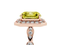 Fancy Yellow Asscher Cut Diamond Halo Engagement Ring Set in Rose gold with Twisted Band and Prong Setting