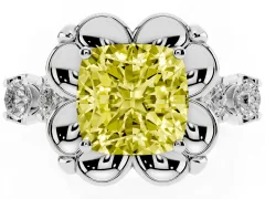Fancy Yellow Cushion Cut Diamond Floral Halo Ring Set in White gold with Shared Prong Band