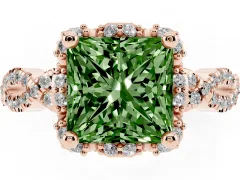 Fancy Green Princess Cut Diamond Halo Twist Band Solitaire Ring Set in Rose gold with Prong-Set Center Stone