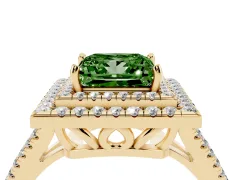 Fancy Green Princess Cut Diamond Double Halo Ring Set in Yellow gold with Pavé Band