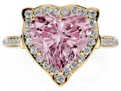 Fancy Pink Heart Cut Diamond Halo Ring Set in Yellow gold with Pavé-Lined Shoulders and Prong Setting