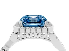 Fancy Blue Asscher Cut Diamond Halo Ring Set in White gold with Leaf Motif Split Shank and Prong Setting