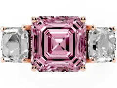 Fancy Pink Asscher Cut Diamond Three-Stone Ring Set in Rose gold with Pavé Band
